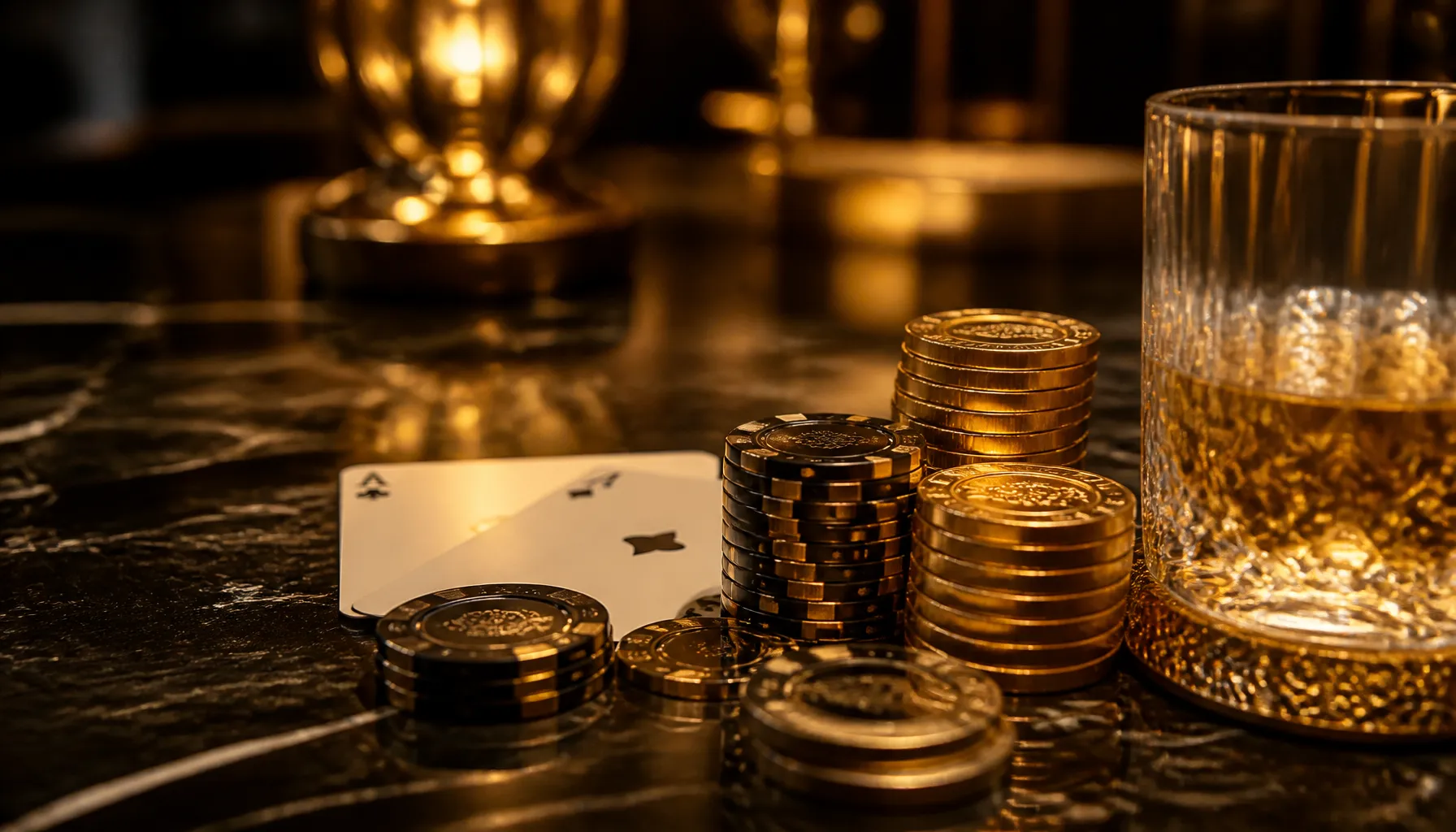 Ornate golden treasure chest overflowing with glittering rings and gemstones on a dark velvet surface with warm cinematic lig