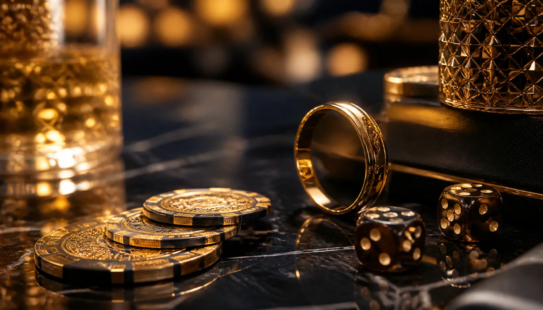 Ornate golden treasure chest overflowing with glittering rings and gemstones on a dark velvet surface with warm cinematic lig