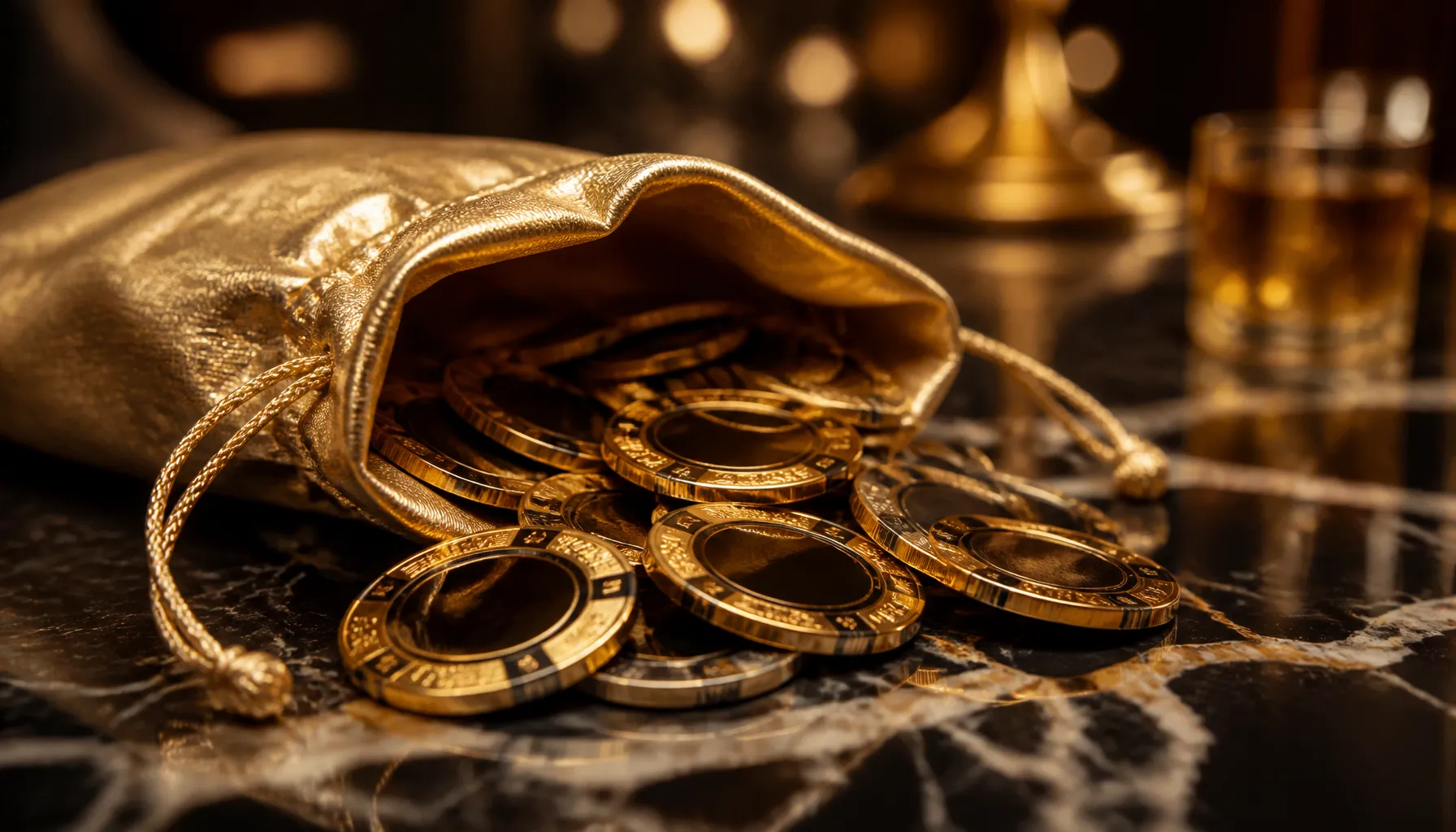 Ornate golden treasure chest overflowing with glittering rings and gemstones on a dark velvet surface with warm cinematic lig