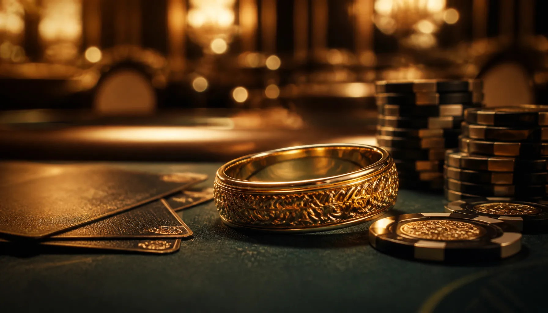Ornate golden treasure chest overflowing with glittering rings and gemstones on a dark velvet surface with warm cinematic lig