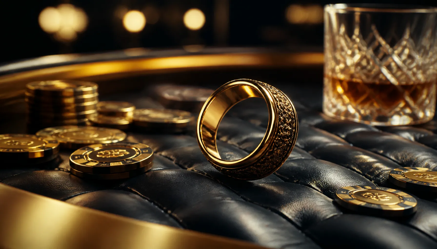 Ornate golden treasure chest overflowing with glittering rings and gemstones on a dark velvet surface with warm cinematic lig