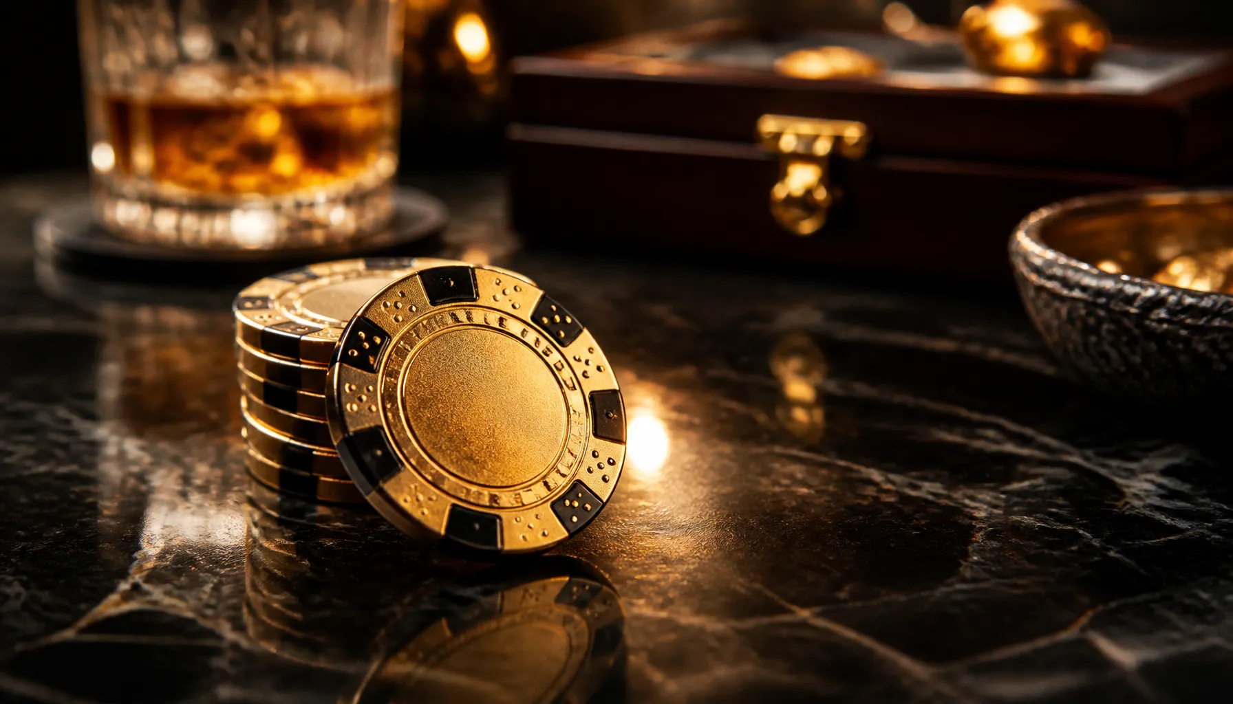 Ornate golden treasure chest overflowing with glittering rings and gemstones on a dark velvet surface with warm cinematic lig